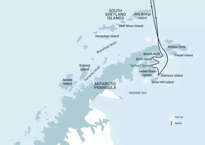 Route map of - Weddell Sea Explorer Basecamp cruise, round-trip from Ushuaia, Argentina with visits along the Weddell Sea.