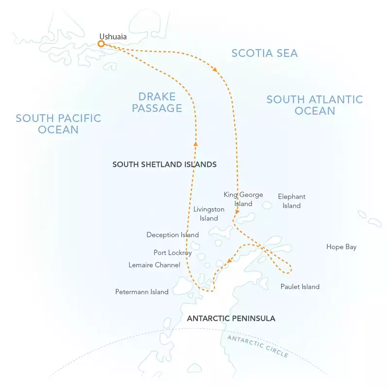 Route map of Christmas in Antarctica expedition cruise, round-trip from Ushuaia, Argentina, with visits to the Weddell Sea & more.