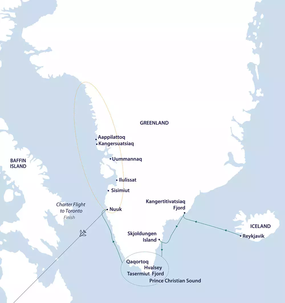 Route map of Greenland in Depth cruise from Reykjavik, Iceland to Nuuk, Greenland, with a flight to end in Toronto, Canada.