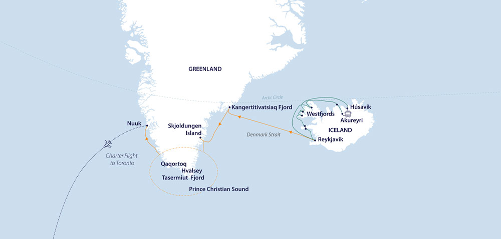 Iceland & Greenland: Following Erik the Red cruise map from Reykjavik to Nuuk with a flight to end in Toronto, Canada.