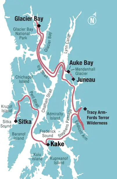 Route map of Last Frontier Adventure cruise in southeast Alaska, between Sitka & Juneau with visits to Baranof & Admiralty Islands, Glacier Bay & Kake.