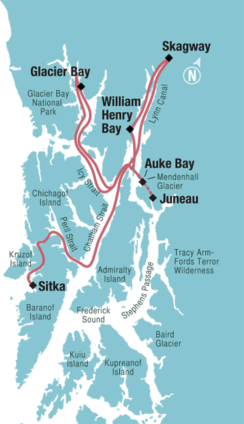 Route map of North to True Alaska small ship cruise between Sitka & Juneau with visits to Glacier Bay & Skagway.