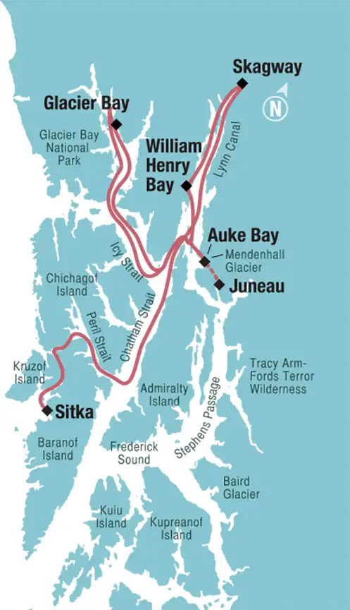 Route map of North to True Alaska small ship cruise between Sitka & Juneau with visits to Glacier Bay & Skagway.