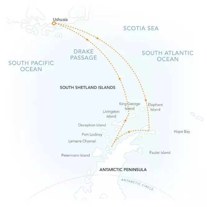 route map of small ship adventure cruise to the Weddell sea aboard Ocean Albatros