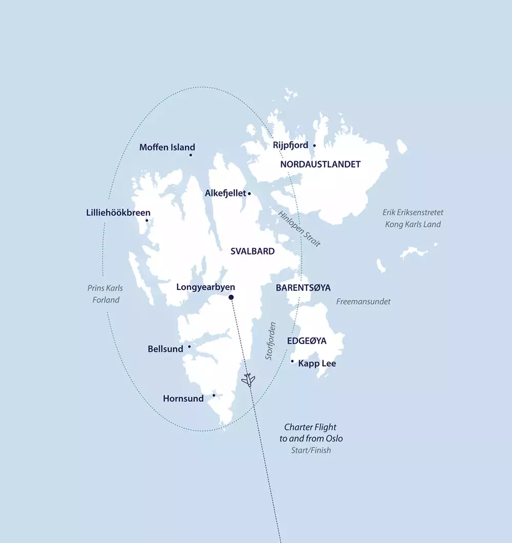Route map of the Spitsbergen: Realm of the Ice Bear Cruise round-trip from Longyearbyen, Svalbard, bookended by flights from/to Oslo, Norway.
