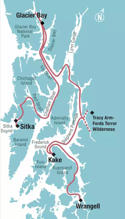 Route map of reverse Wild Alaska Odyssey cruise between Wrangell & Sitka, with visits to Kake & Tracy Arm-Fords Terror Wilderness.