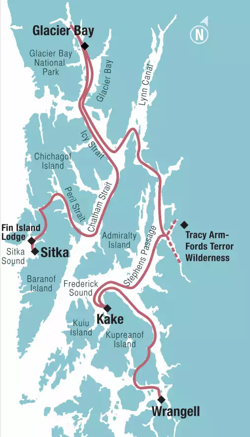 Route map of main Wild Alaska Odyssey cruise between Sitka & Wrangell, with visits to Kake & Tracy Arm-Fords Terror Wilderness.