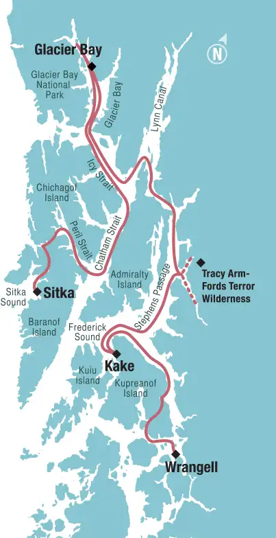 Route map of 2026 Wild Alaska Odyssey cruise between Sitka & Wrangell, with visits to Kake & Tracy Arm-Fords Terror Wilderness.