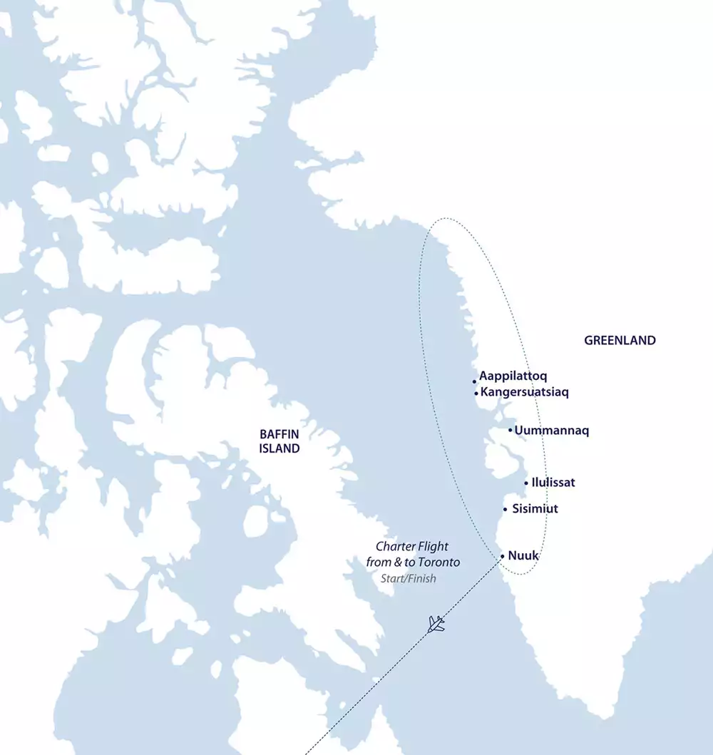 Route map of Wild Landscapes of West Greenland cruise, round-trip from Nuuk, Greenland, with bookend flights to start & end in Toronto, Canada.