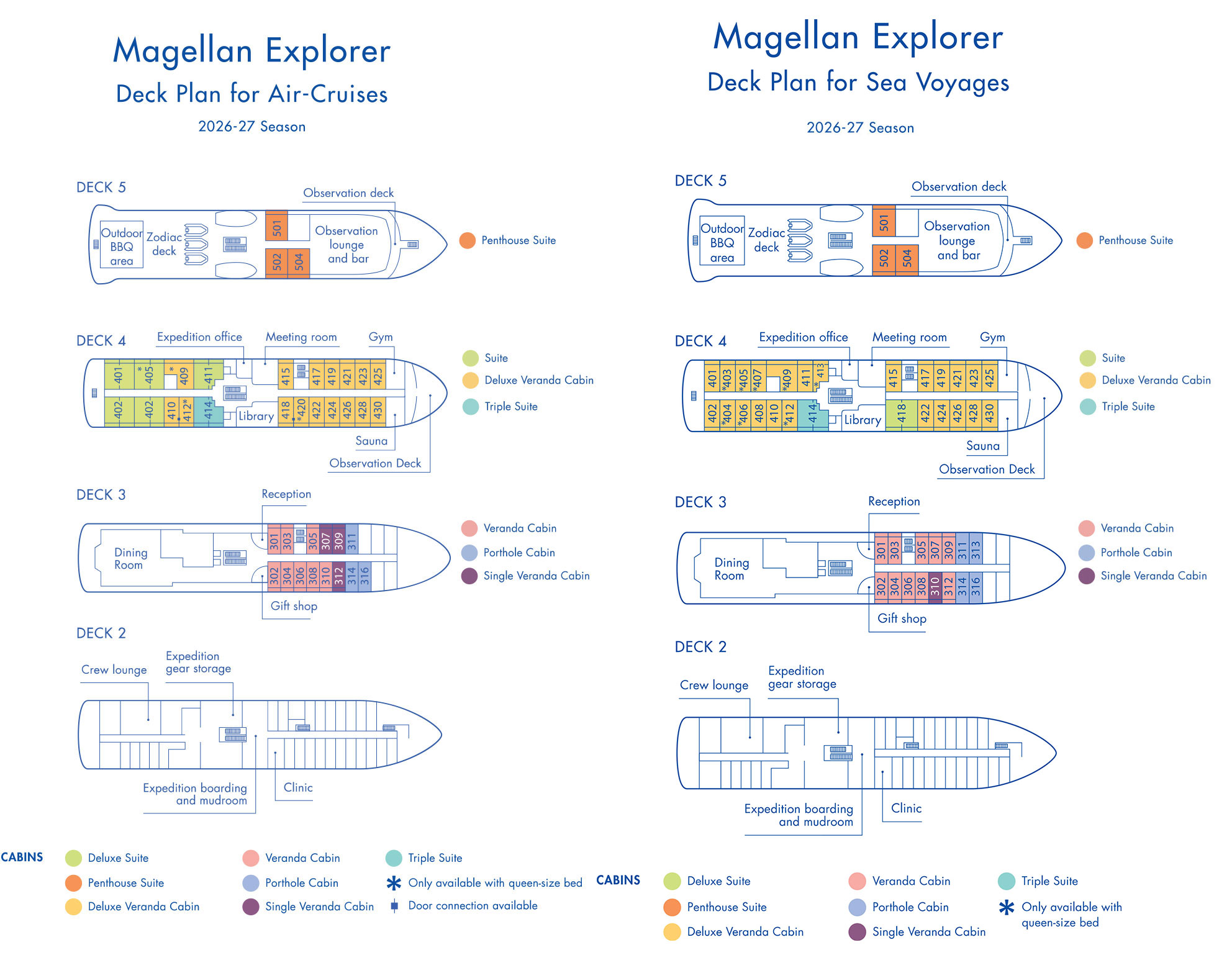 Two deck plans for polar ship Magellan Explorer, showing capacity for 76 or 96 guests across 3 decks, for the 2026-27 season of air cruises and sea voyages.