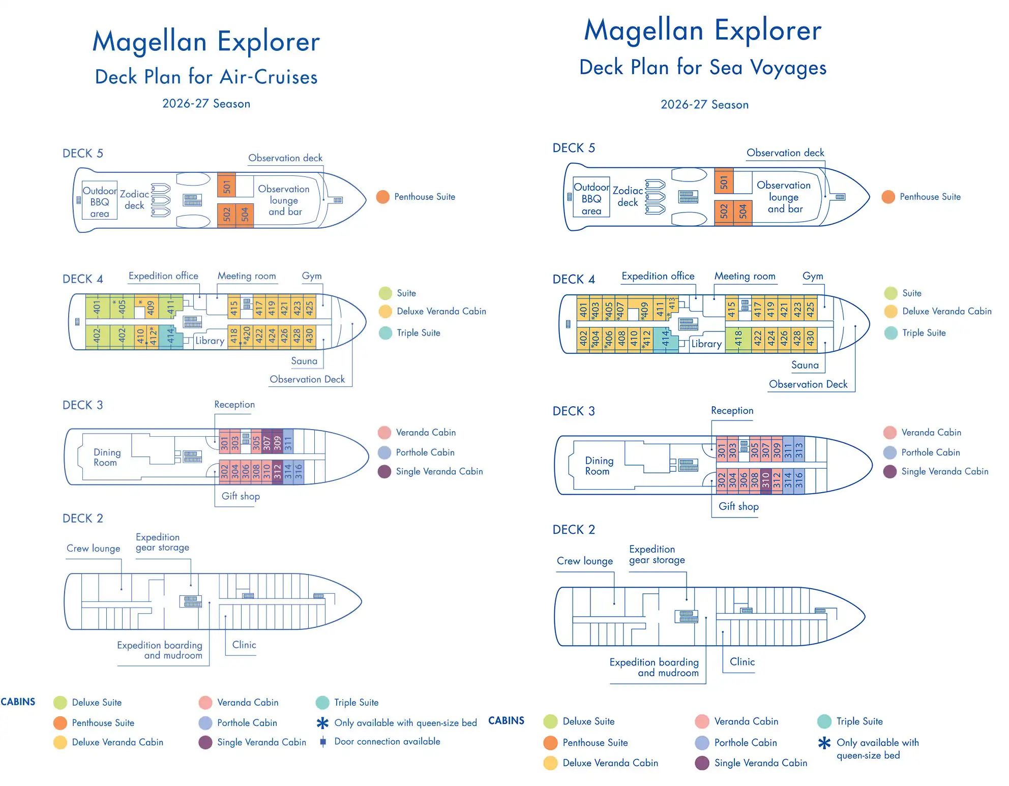 Two deck plans for polar ship Magellan Explorer, showing capacity for 76 or 96 guests across 3 decks, for the 2026-27 season of air cruises and sea voyages.