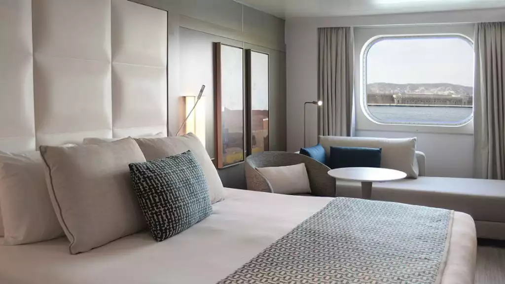 Superior Stateroom with king bed aboard L'Austral. Photo by: Tamar Sarkissian/Ponant