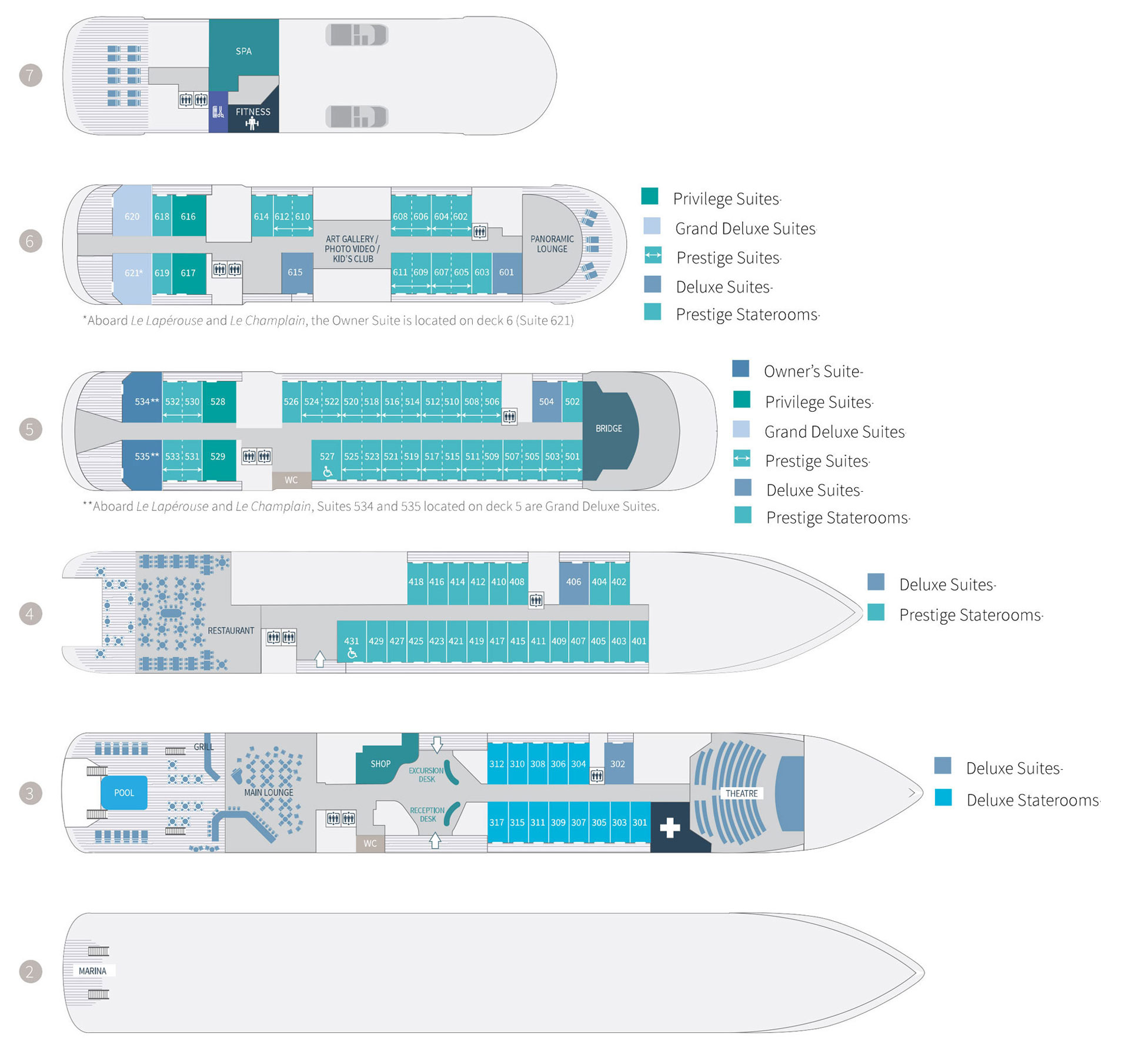 Deck plan of 184-guest Le Bellot French luxury expedition ship, showing 4 passenger decks with 88 staterooms & 4 suites.