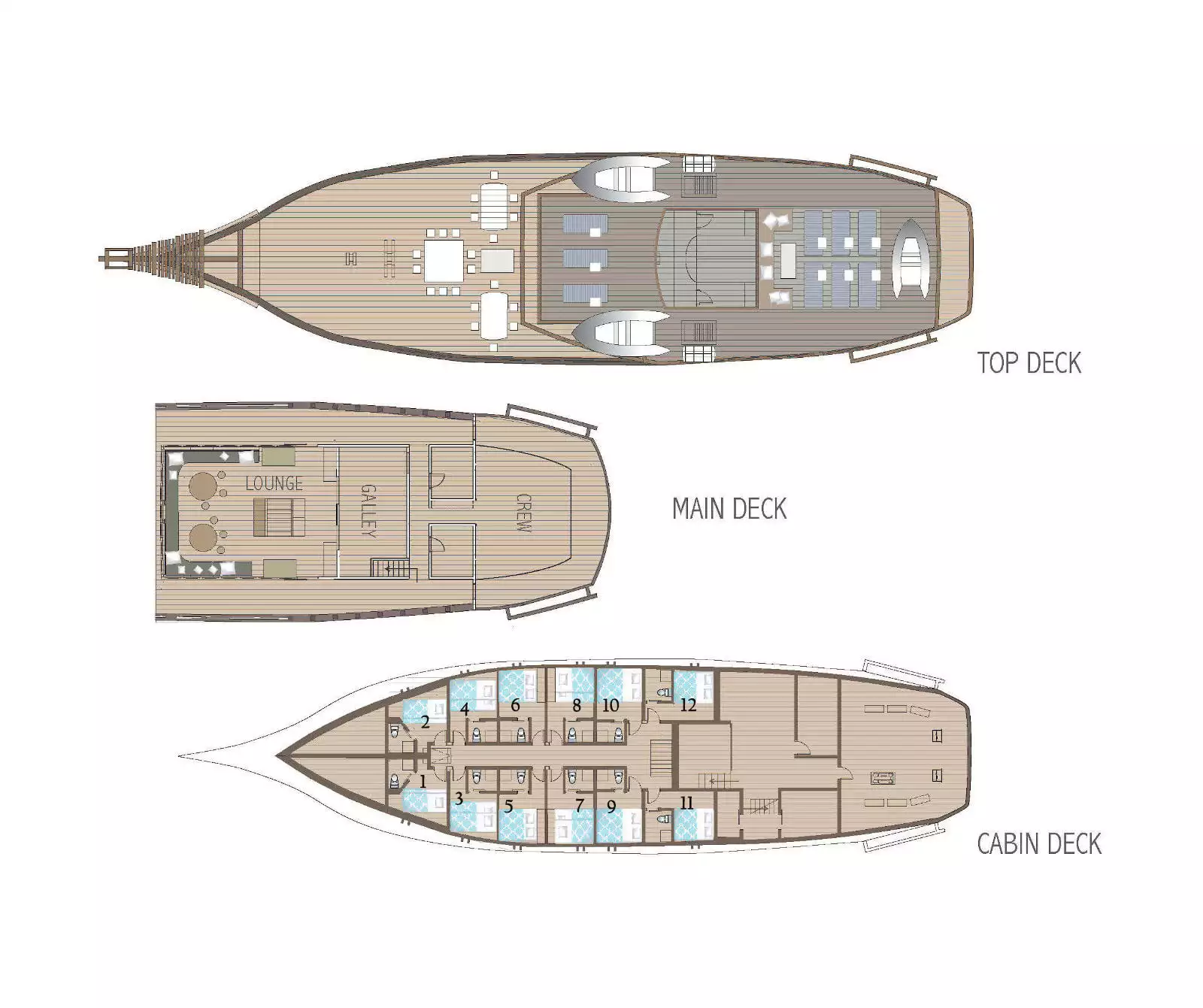 Deck plan of 24-guest Ombak Putih Indonesian small sailing ship with 3 guest decks & 12 cabins on the Lower Deck.