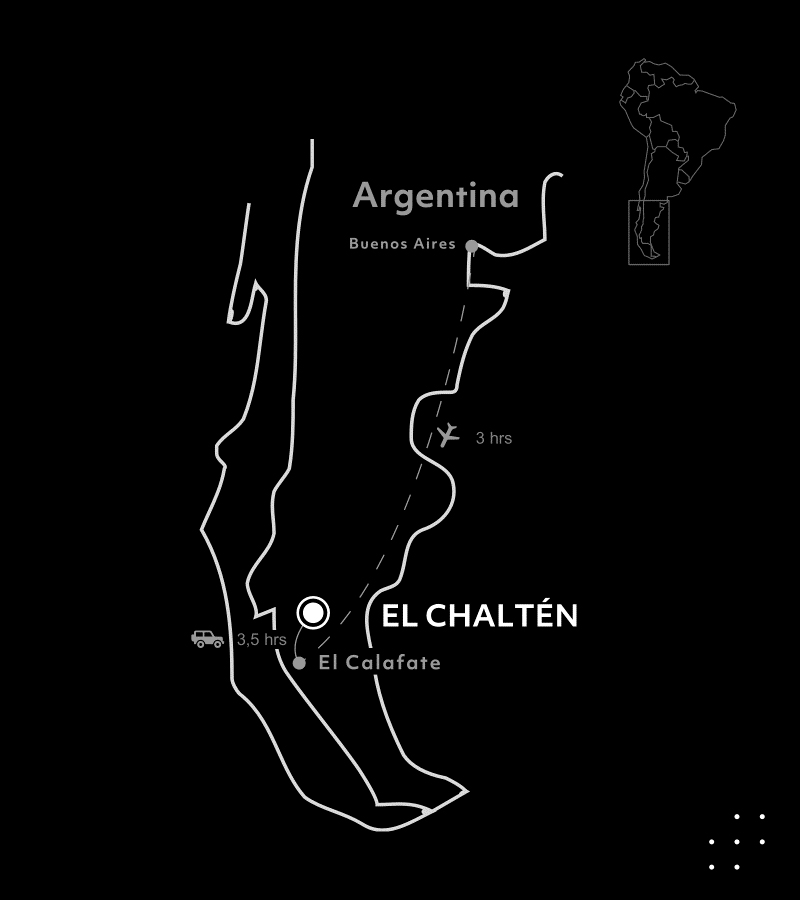 Map showing where Explora Lodge El Chaltén sits in Southern Argentina near El Calafate, a 3.5-hour overland drive.