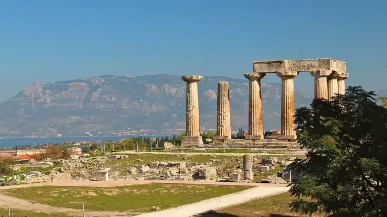The Temple of Aphaia ruins with 7 columns seen in Corinth Greece on a sunny day