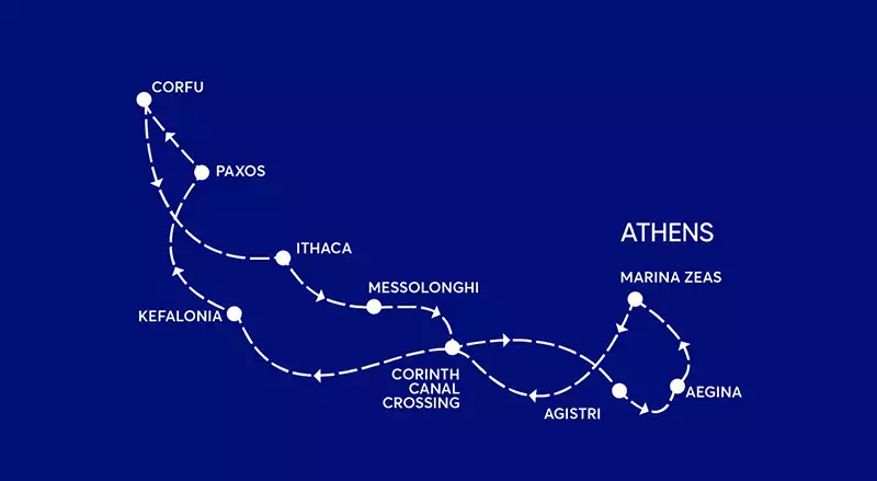 A map in blue and white colors showing the cruise route of the Ionian Odyssey cruise