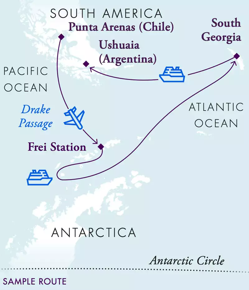 Route map of Antarctica & South Georgia Air Cruise starting with a flight from Punta Arenas, Chile to King George Island, then cruising along the Antarctic Peninsula & South Georgia Island before ending in Ushuaia, Argentina.