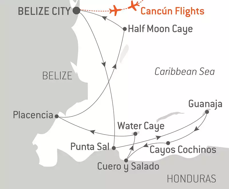Route map of Belize & Honduras: Unexpected Encounters & Nature cruise, operating round-trip from Belize City & bookend flights linking Cancun, Mexico, with visits to Placencia, Punta Sal, Water Caye, Cuero y Salado, Cayos Cochinos & Guanaja.