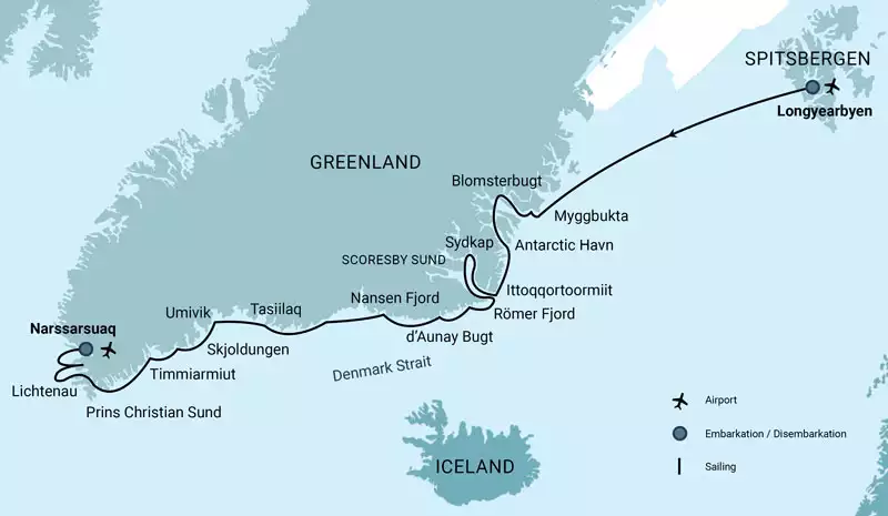 Route map of East & South Greenland Explorer, Aurora Borealis cruise from Spitsbergen to Narsarsuaq, ending with a flight to Copenhagen.