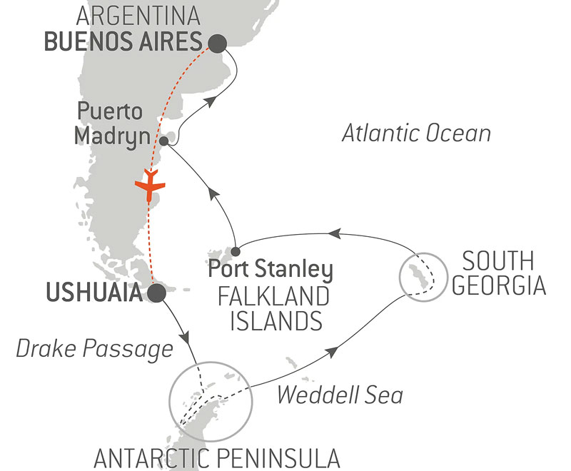 Route map of 20-day Journey to Austral Lands & Valdes Peninsula cruise from Ushuaia to Buenos Aires, Argentina, with visits to the Antarctic Peninsula, South Georgia & Falklands Islands & Puerto Madryn.
