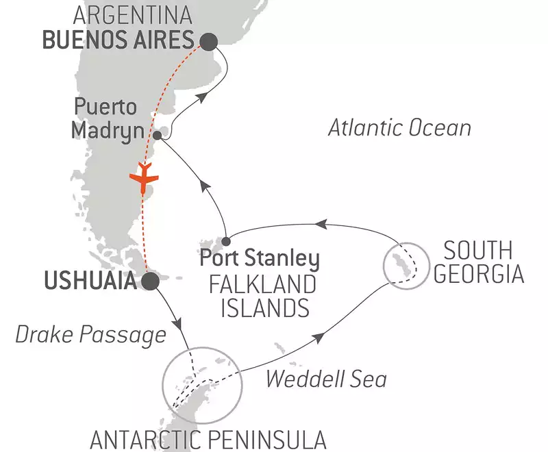 Route map of 20-day Journey to Austral Lands & Valdes Peninsula cruise from Ushuaia to Buenos Aires, Argentina, with visits to the Antarctic Peninsula, South Georgia & Falklands Islands & Puerto Madryn.