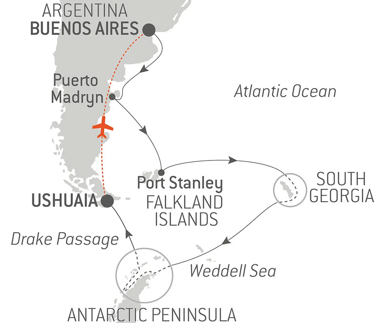 Route map of 19-day Journey to Austral Lands & Valdes Peninsula cruise from Buenos Aires to Ushuaia, Argentina, with visits to the Antarctic Peninsula, South Georgia & Falklands Islands & Puerto Madryn.