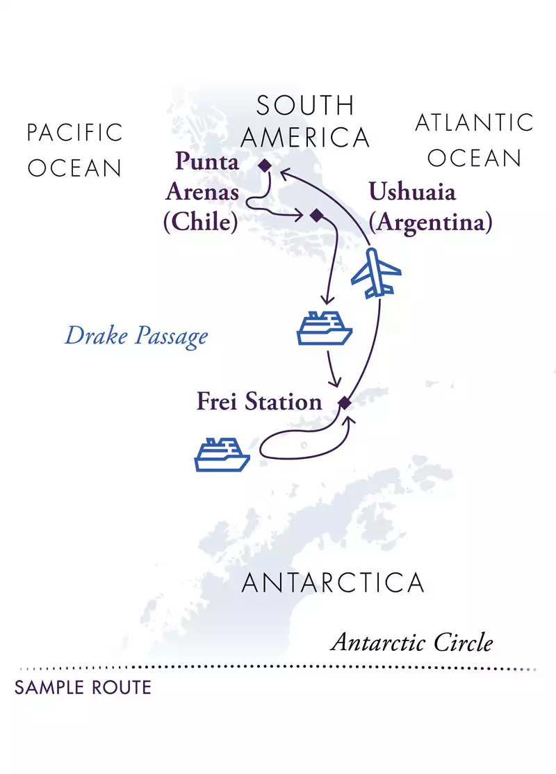 Route map of Magellan Discoverer Inaugural Air Cruise, cruising from Punta Arenas, Chile, with a flight from King George Island to return to Punta Arenas, and stops along the Antarctic Peninsula.