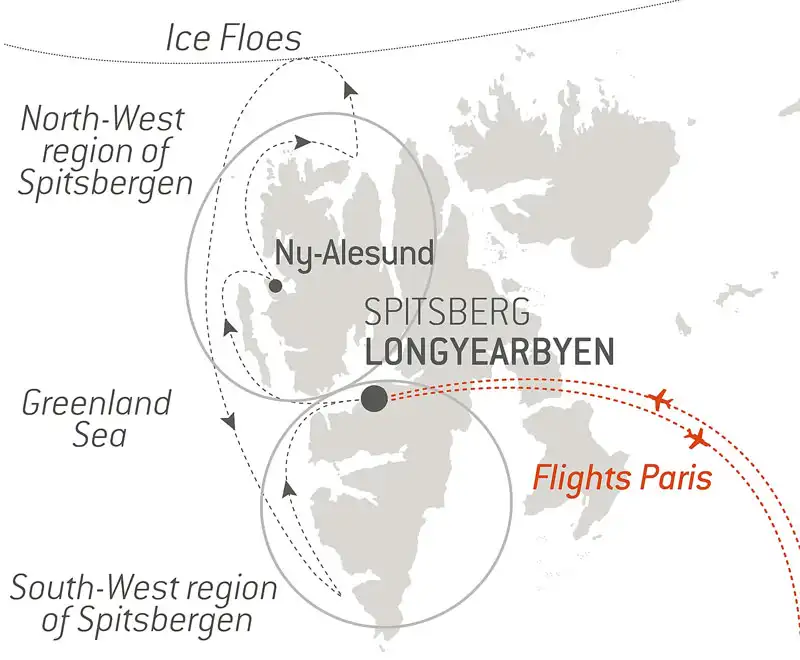 Route map of northbound Fjords & Glaciers of Spitsbergen Arctic voyage round-trip from Longyearbyen, Svalbard with bookend flights connecting to Paris, France.