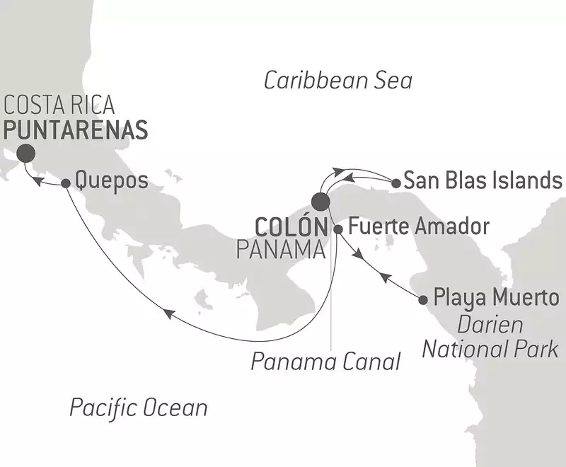 Route map of Panama & Costa Rica by Sea luxury cruise from Panama to Costa Rica via the Panama Canal.