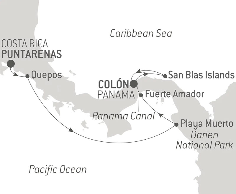 Route map of Panama & Costa Rica by Sea luxury cruise from Costa Rica to Panama via the Panama Canal.