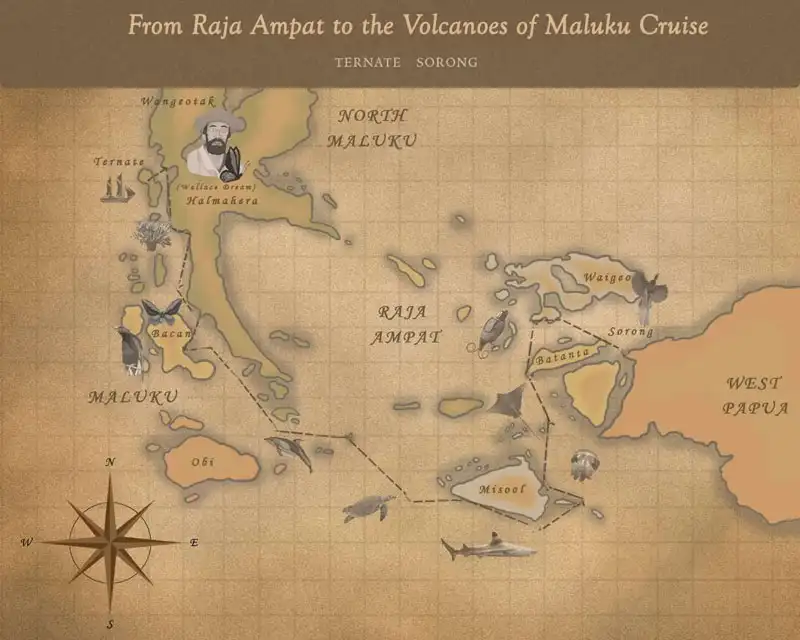 Route map of From Raja Ampat to the Volcanoes of Maluku cruise between Sorong & Ternate with stops at Halmahera, Raja Ampat, Gam and Waigeo.