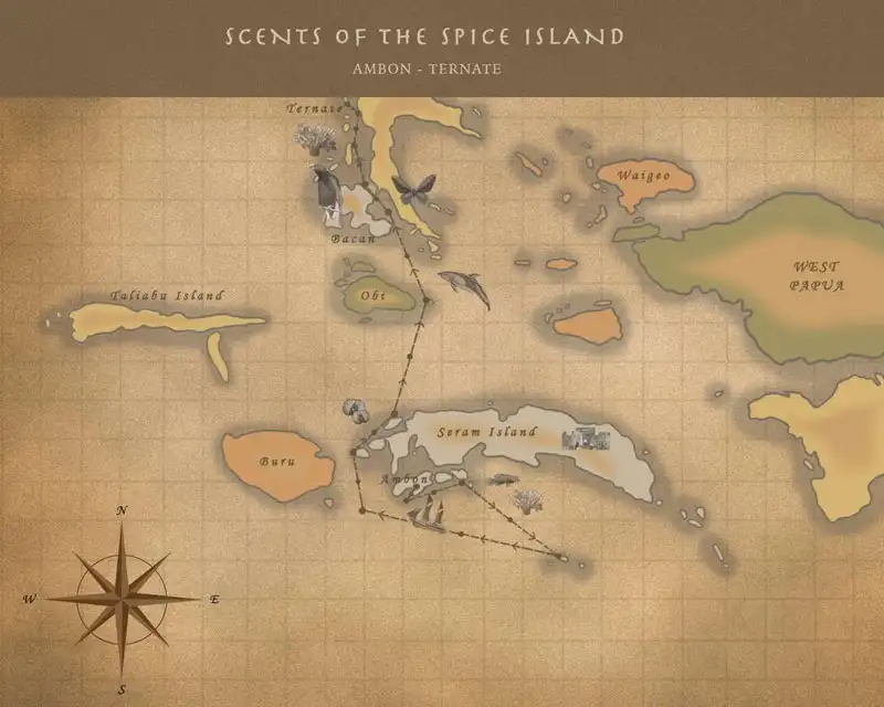Route map of Scents of the Spice Islands cruise from Ambon to Ternate, Indonesia.