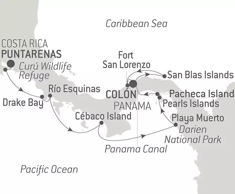 Route map of Secrets of Central America luxury cruise from Costa Rica to Panama via the Panama Canal.