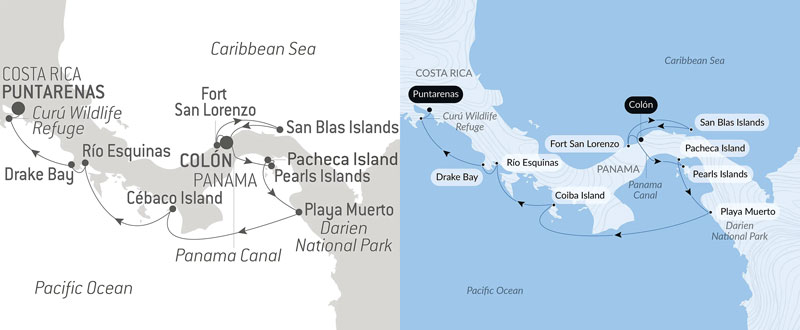 Dual route maps of Secrets of Central America luxury cruise from Panama to Costa Rica via the Panama Canal.