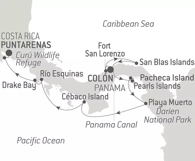 Route map of Secrets of Central America luxury cruise from Panama to Costa Rica via the Panama Canal.