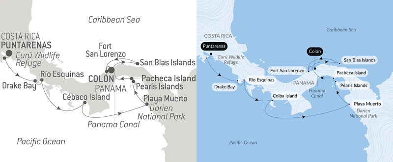 Dual route maps of Secrets of Central America luxury cruise from Costa Rica to Panama via the Panama Canal.
