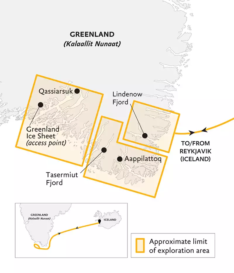 Route map of South Greenland Adventure cruise round-trip from Reykjavik, Iceland.