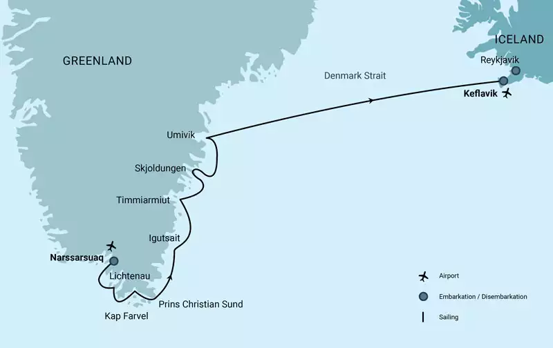 Route map of South Greenland Explorer, Aurora Borealis cruise from Narsarsuaq, Greenland to Keflavik, Iceland.