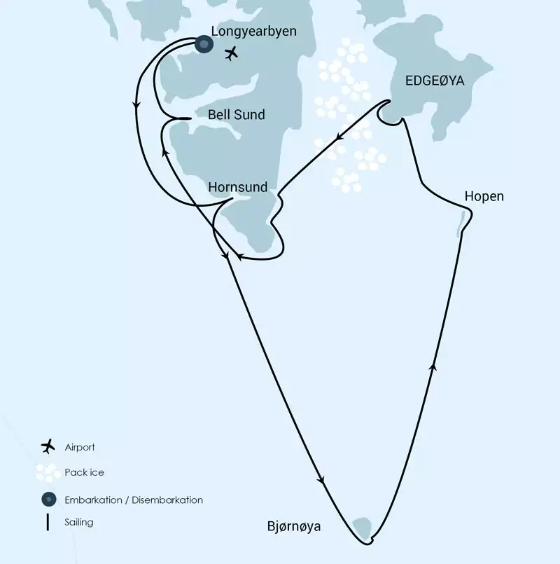 Route map of South Spitsbergen Explorer cruise round-trip from Longyearbyen, Svalbard, with visits along the southern shores, Bear Island & Hopen.