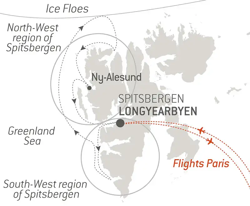 Route map of southbound Fjords & Glaciers of Spitsbergen Arctic voyage round-trip from Longyearbyen, Svalbard with bookend flights connecting to Paris, France.