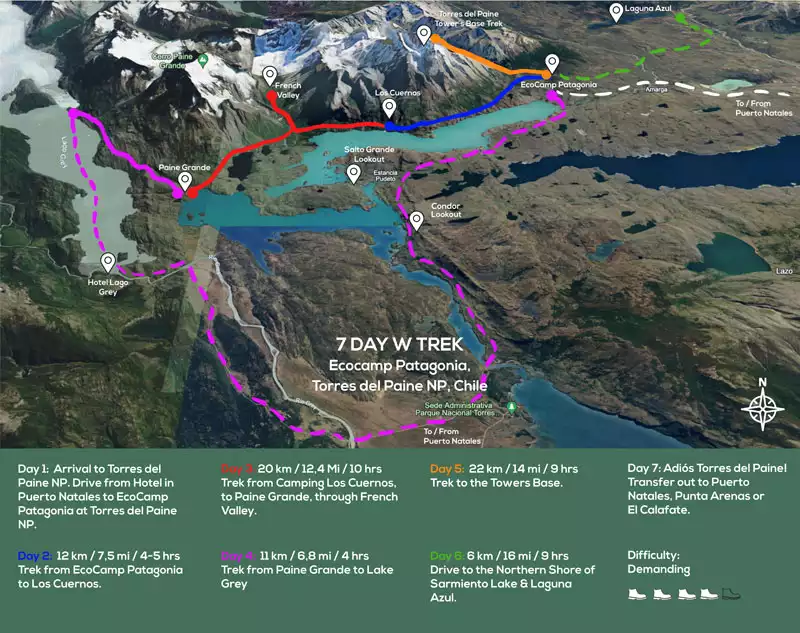 Route map of 7-day Torres del Paine W Trek, round-trip from EcoCamp in Patagonia, with visits to Los Cuernos, French Valley, Glacier Grey, Towers Base, Sarmiento Lake & Laguna Azul.