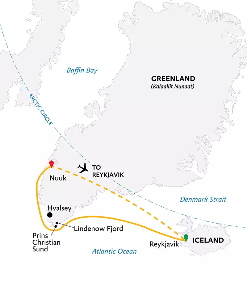 Route map of Wild Fjords of South Greenland, cruising from Reykjavik, Iceland to Nuuk, Greenland & flying back to Reykjavik.