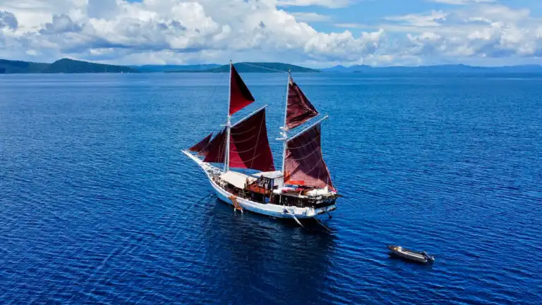 Aerial view of small white sailing ship with 5 burgundy sails open & small dinghy towed behind, in calm blue Indonesian sea.