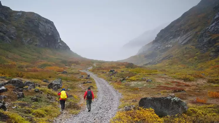 2 Arctic travelers walk a gravel road among green & red tundra beside gray rocky mountains on a South Greenland cruise.