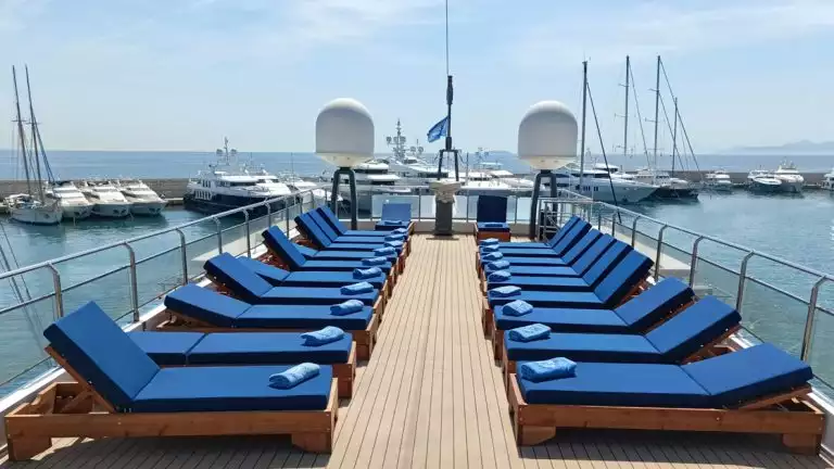 Soak in the sun aboard the Variety Voyager while on the sun deck where you can take in the sights of the Mediterranean