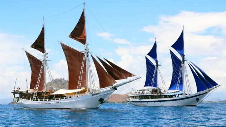 2 small sailing ships with wood hulls painted white & blue & burgundy sails unfurled in calm sea on a sunny day in Indonesia.