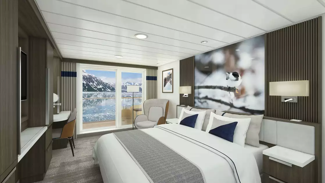 Rendering of Captain's Suite bedroom on Douglas Mawson ship with king bed in white linens, dark wood walls, balcony & wildlife photo.