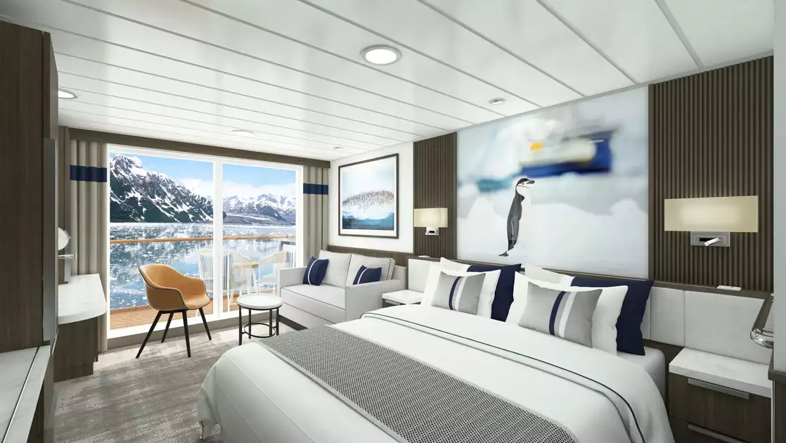 Rendering of Category A Balcony Stateroom on Douglas Mawson ship with king bed in white linens, dark wood walls, balcony & wildlife photo.