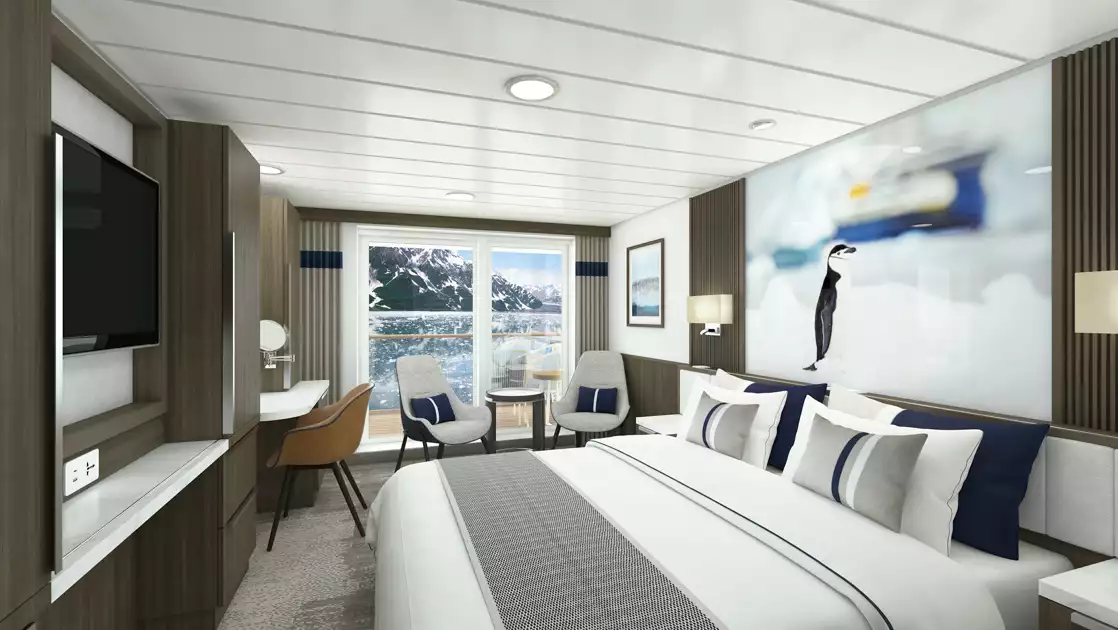 Rendering of Category B Balcony Stateroom on Douglas Mawson ship with king bed in white linens, dark wood walls, balcony & wildlife photo.